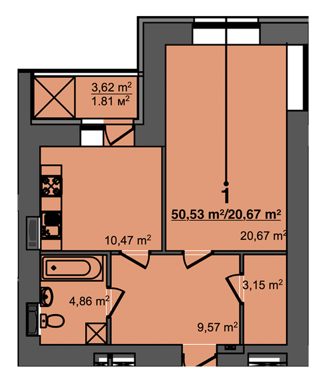 1-кімнатна 50.53 м² в ЖК Світанок від 17 900 грн/м², м. Бориспіль