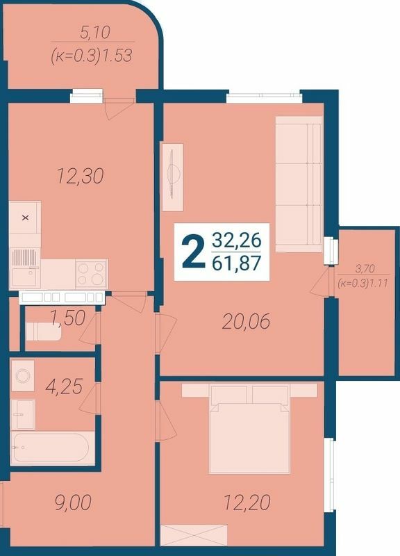 2-комнатная 61.87 м² в ЖК Новосельцево от 25 000 грн/м², с. Чубинское