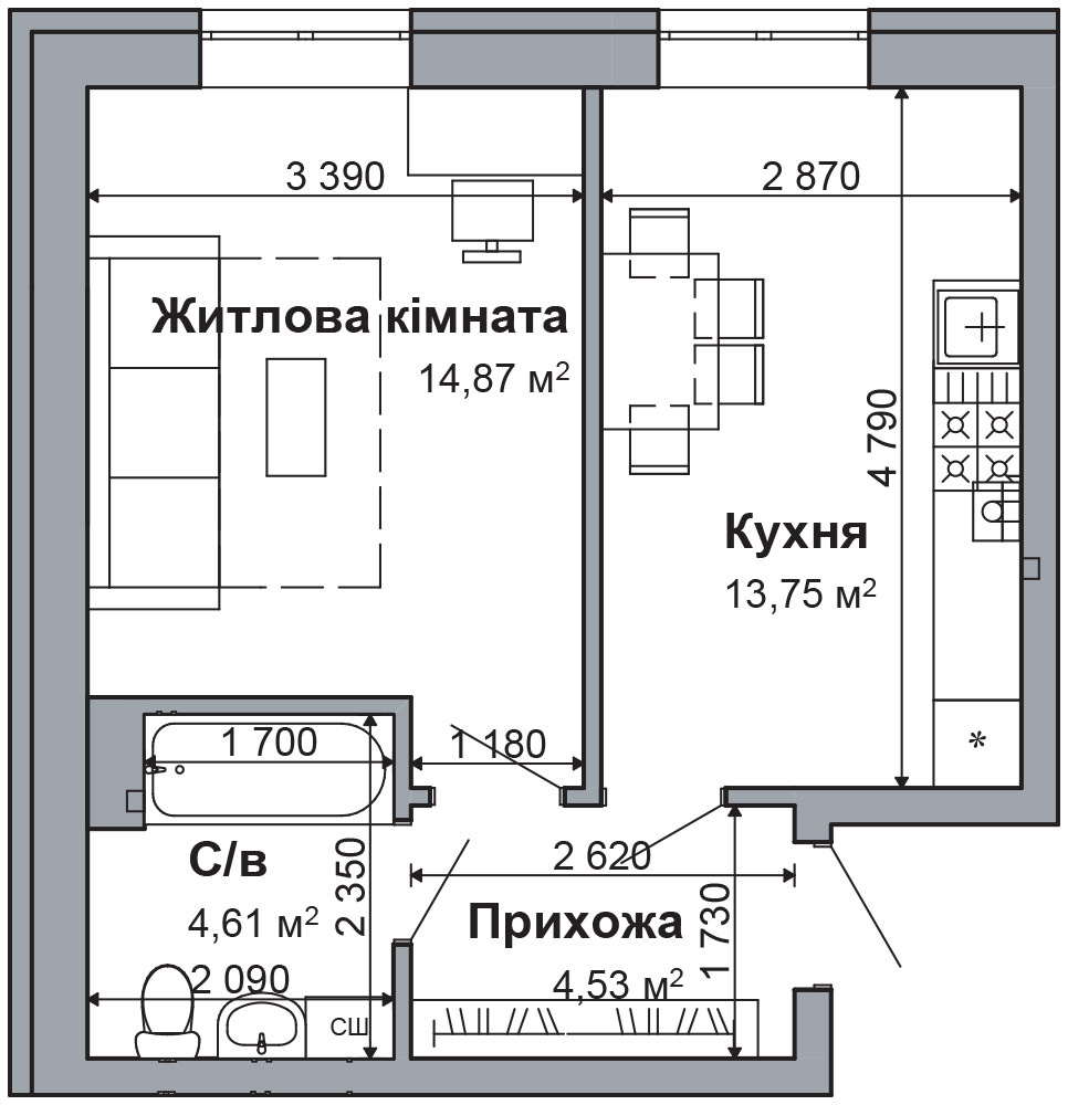 1-кімнатна 37.76 м² в ЖК RODNOY-2 від 22 500 грн/м², с. Гатне