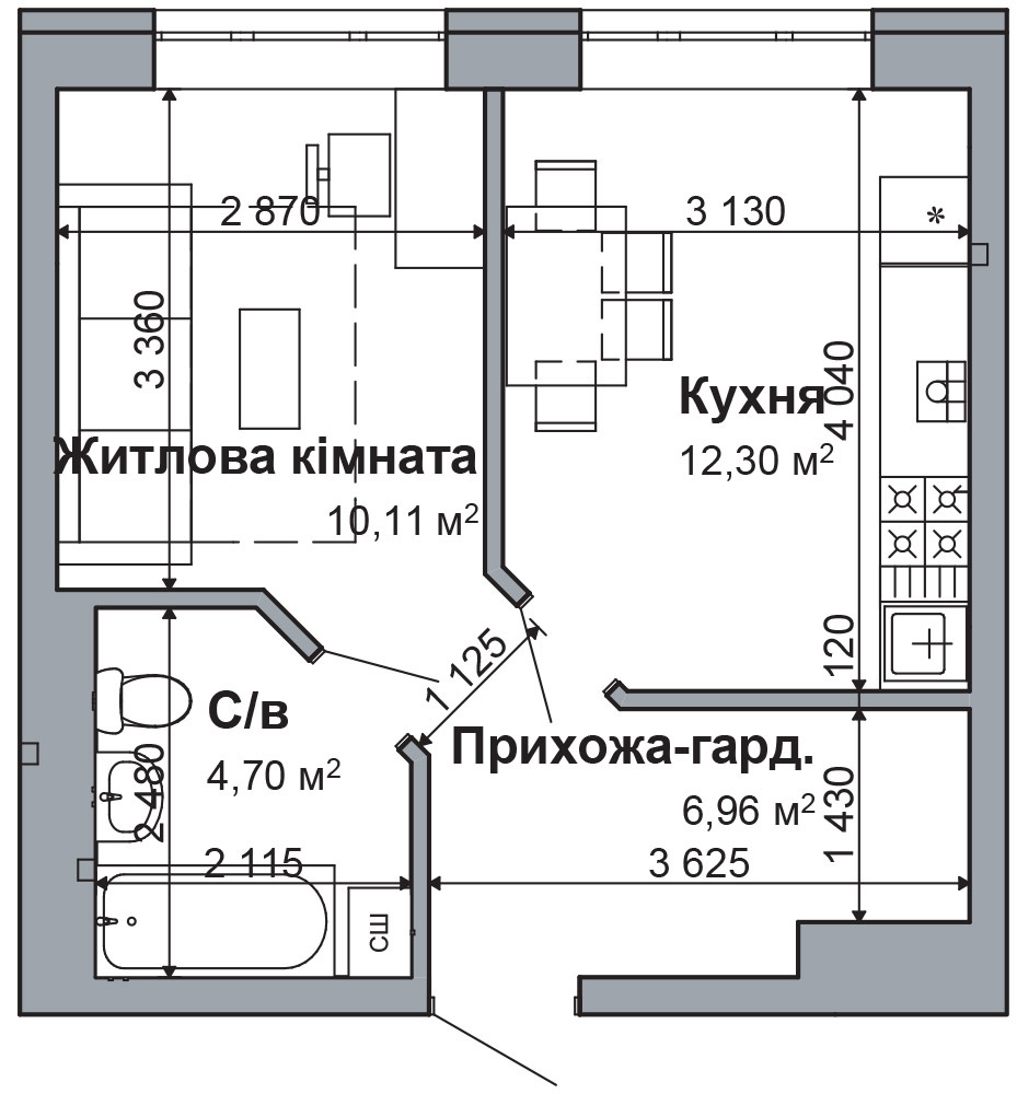 1-кімнатна 34.07 м² в ЖК RODNOY-2 від 22 500 грн/м², с. Гатне
