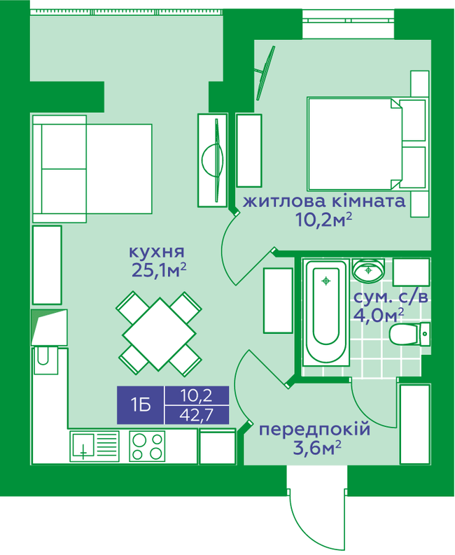 1-комнатная 42.7 м² в ЖК Квартал Парковый от 18 350 грн/м², г. Обухов