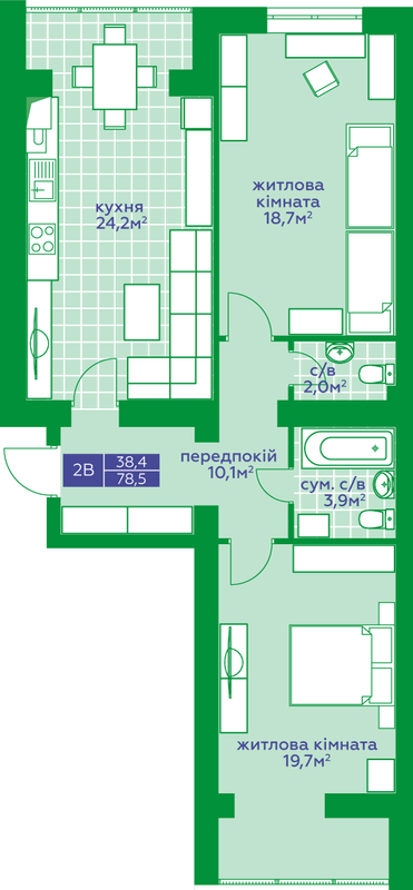 2-комнатная 78.5 м² в ЖК Квартал Парковый от 15 450 грн/м², г. Обухов