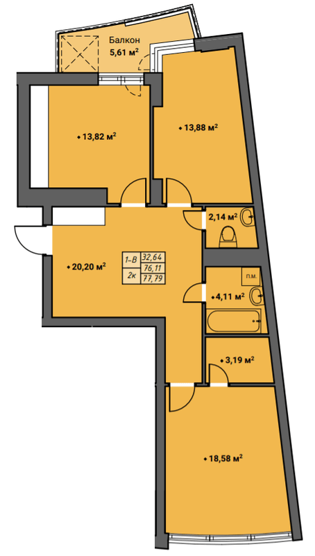 2-кімнатна 77.79 м² в ЖК Amber Park від 18 650 грн/м², Рівне