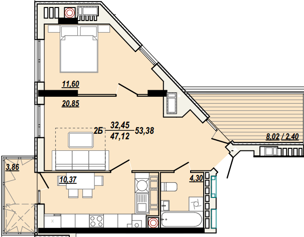 2-кімнатна 53.38 м² в ЖК Сонячна Тераса від 17 000 грн/м², Тернопіль