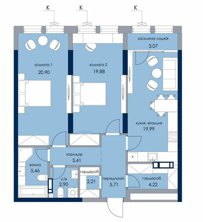 2-кімнатна 88.75 м² в ЖК Новий Автограф від 43 450 грн/м², Київ