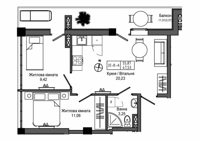 2-комнатная 55.87 м² в ЖГ ARTVILLE от 23 200 грн/м², пгт Авангард