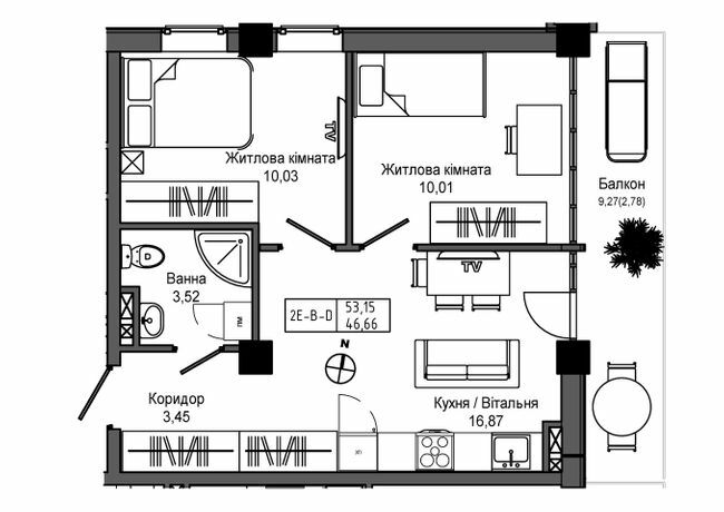 2-комнатная 53.15 м² в ЖГ ARTVILLE от 23 200 грн/м², пгт Авангард