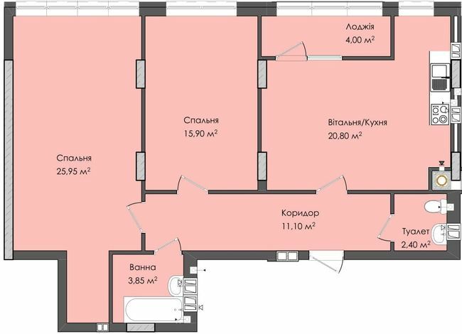 2-кімнатна 85.5 м² в ЖК Комфорт Плюс від 17 800 грн/м², м. Дубляни