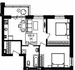 3-комнатная 63.22 м² в ЖК Янтарный от 26 250 грн/м², Днепр