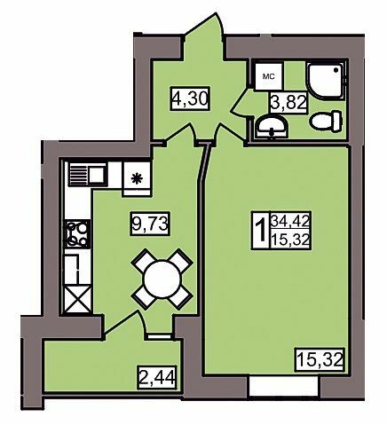 1-кімнатна 34.42 м² в ЖК Північний від 11 450 грн/м², Хмельницький