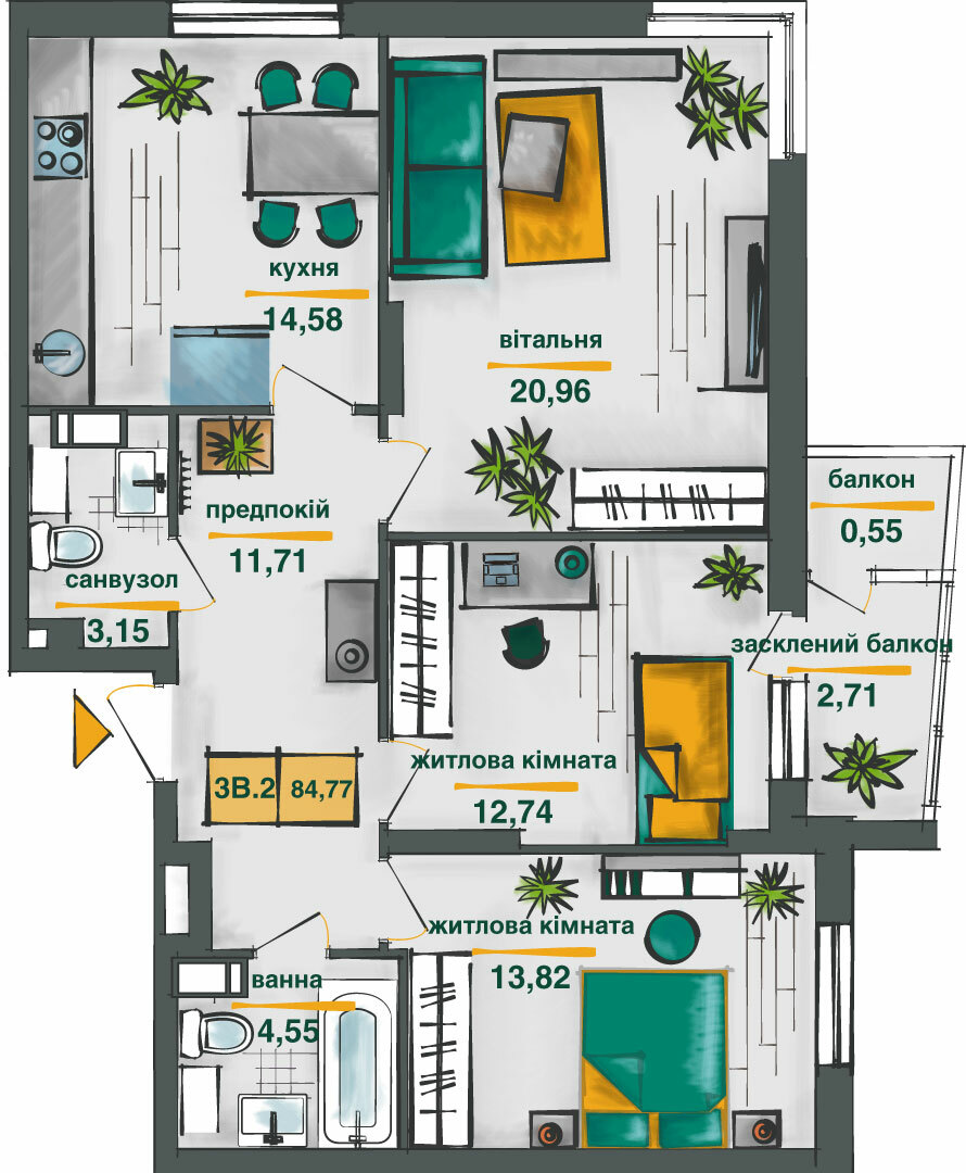 3-кімнатна 84.77 м² в ЖК Сирецькі сади від 36 323 грн/м², Київ