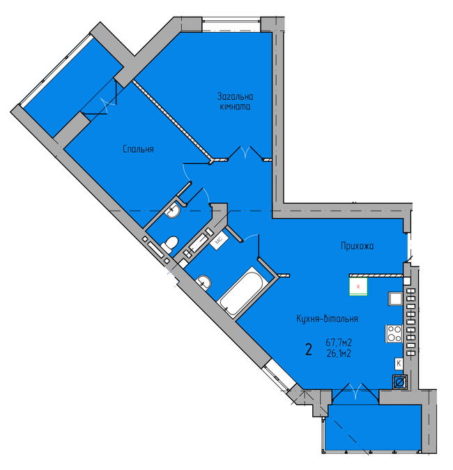 2-комнатная 72.3 м² в ЖК Центральный от 18 000 грн/м², г. Кременчуг