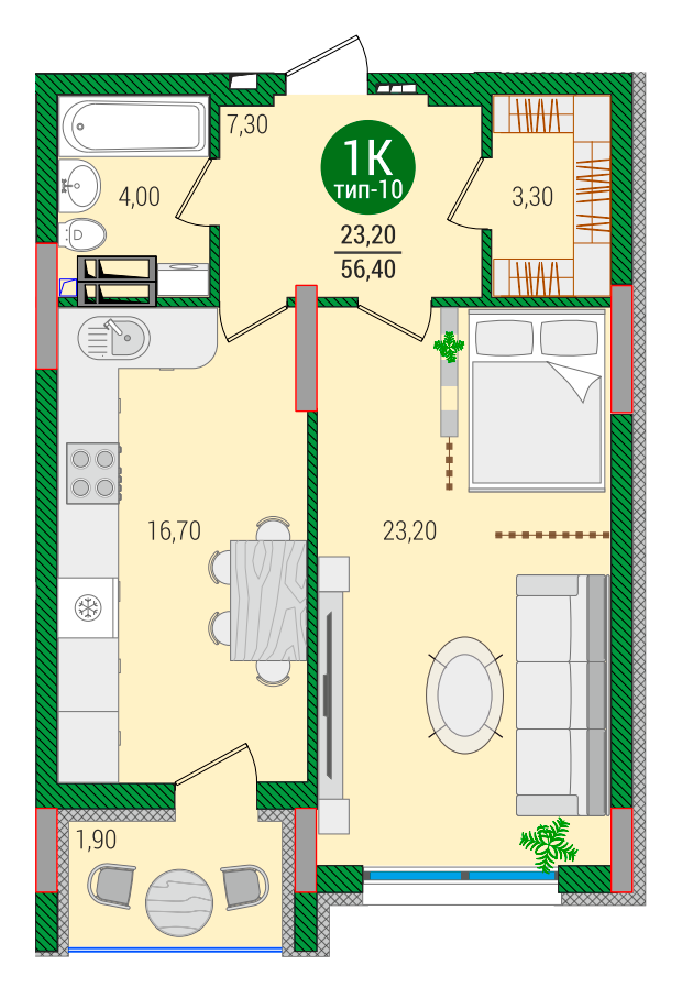 1-комнатная 56.4 м² в ЖК Q-smart от 26 150 грн/м², Киев