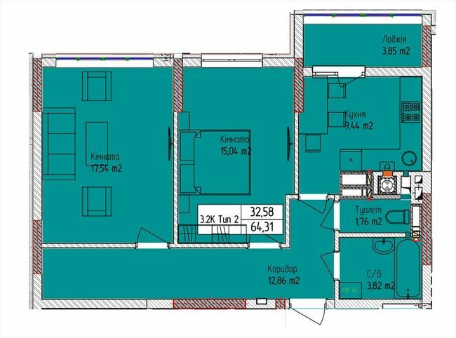 2-комнатная 64.31 м² в ЖК Пионерский квартал от 27 000 грн/м², г. Вишневое