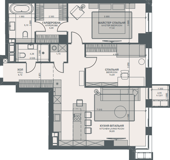 2-комнатная 93.96 м² в ЖК TRIIINITY от 72 700 грн/м², Киев