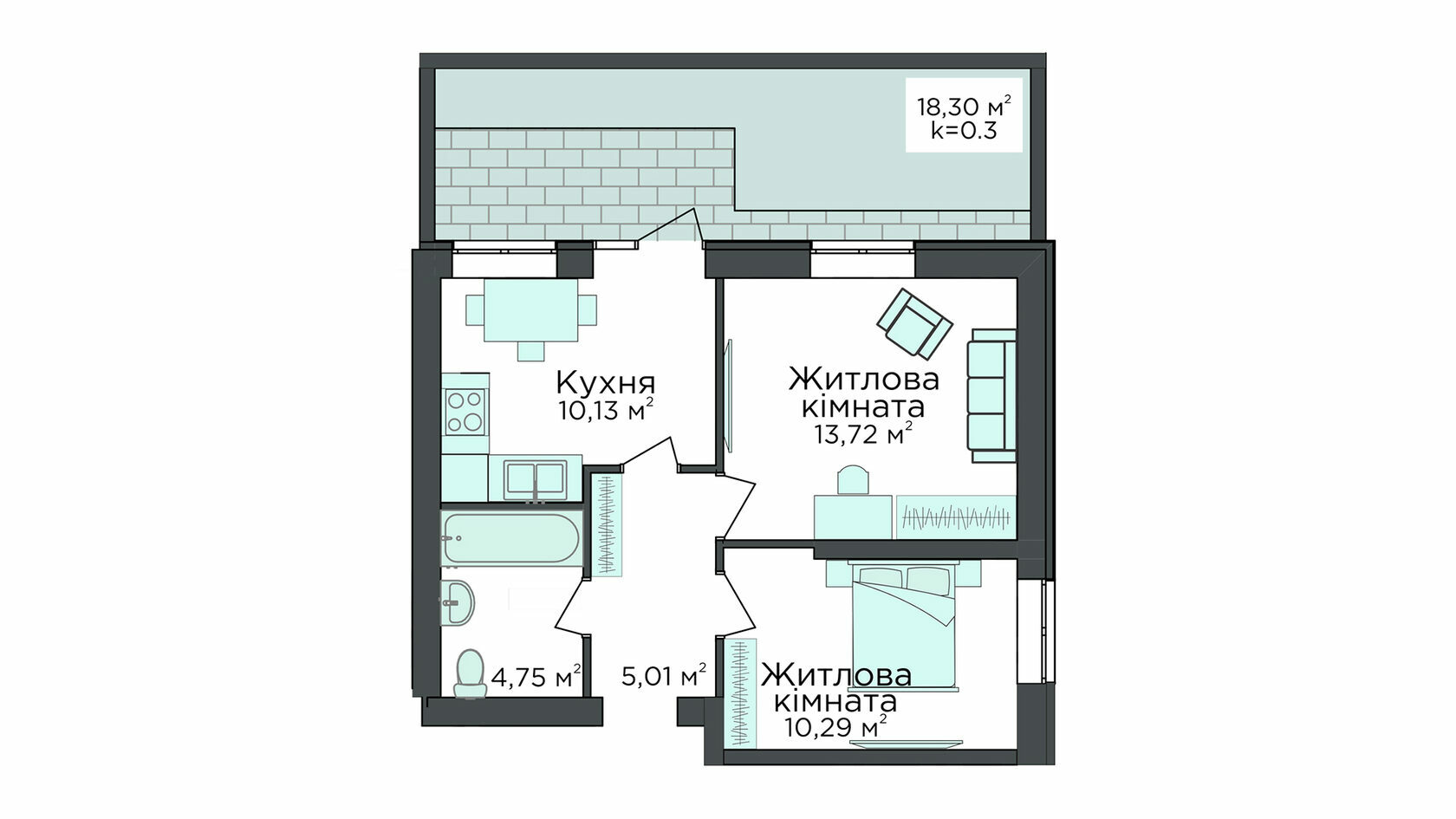 1-кімнатна 49.35 м² в Клубна резиденція O`Club від 29 747 грн/м², с. Крюківщина