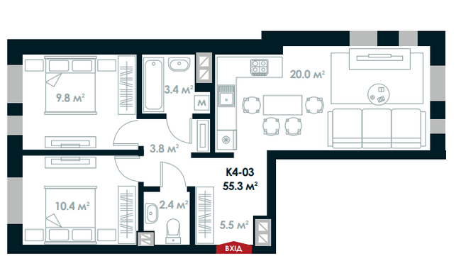 2-кімнатна 55.3 м² в ЖК Atria City.Teremky від 22 100 грн/м², смт Чабани