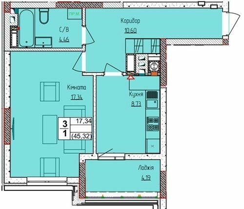 1-кімнатна 45.32 м² в ЖК Піонерський квартал 2 від 26 600 грн/м², смт Чабани