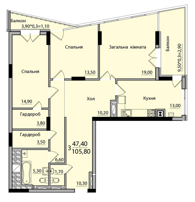 3-комнатная 105.8 м² в ЖК Панорама от 18 200 грн/м², Черновцы