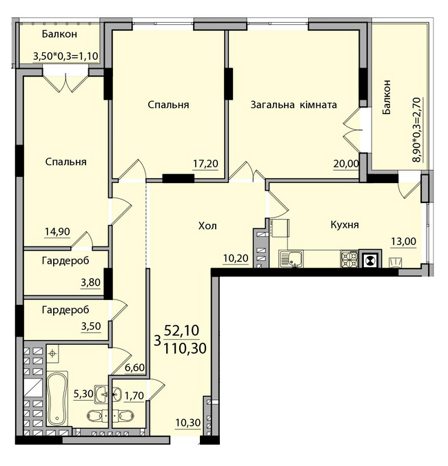 3-кімнатна 110.3 м² в ЖК Панорама від 18 200 грн/м², Чернівці