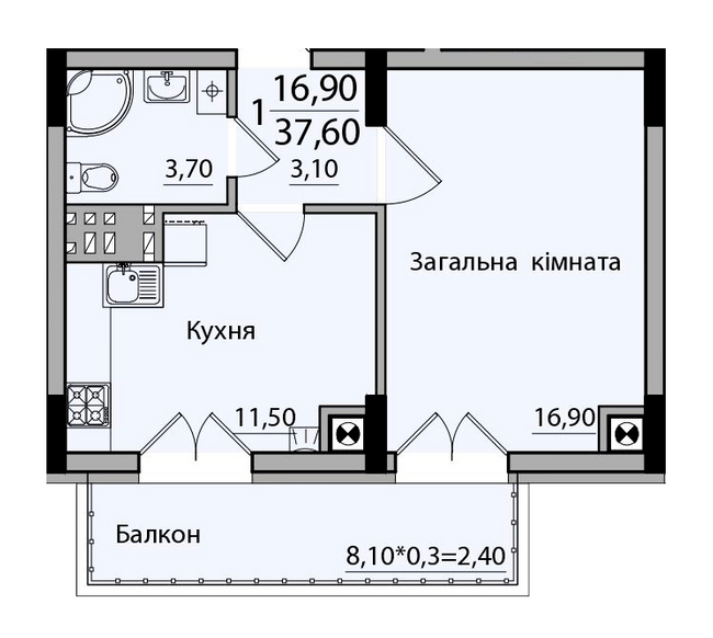 1-кімнатна 37.6 м² в ЖК Панорама від 18 200 грн/м², Чернівці