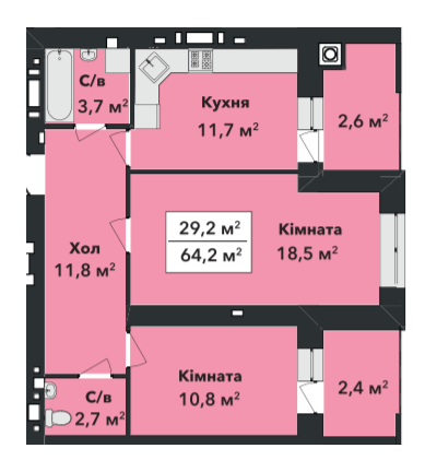 2-комнатная 64.2 м² в ЖК Перлина Проскурова-3 от 16 800 грн/м², Хмельницкий