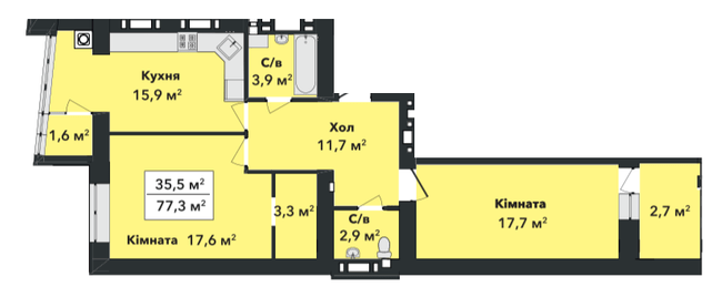 2-комнатная 77.3 м² в ЖК Перлина Проскурова-3 от 16 800 грн/м², Хмельницкий