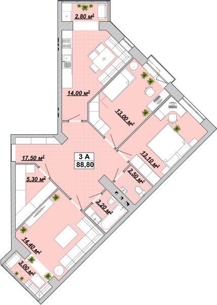 3-комнатная 88.8 м² в ЖР Княгинин от 14 000 грн/м², Ивано-Франковск