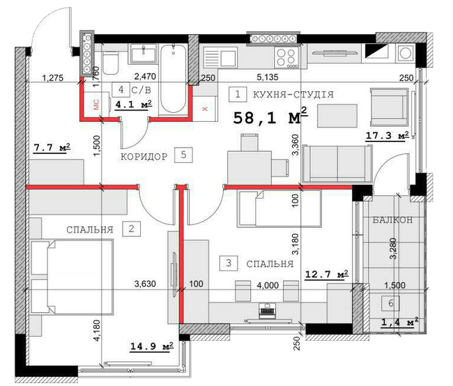 2-комнатная 58.1 м² в ЖК на вул. Суворова, 14, 16Б, 16В от 12 000 грн/м², г. Каменец-Подольский