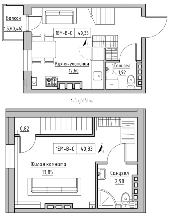 Двухуровневая 40.33 м² в ЖК KEKS от 20 800 грн/м², пгт Авангард