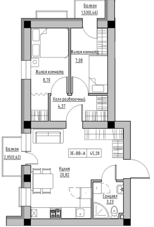 3-кімнатна 45.28 м² в ЖК KEKS від 20 700 грн/м², смт Авангард