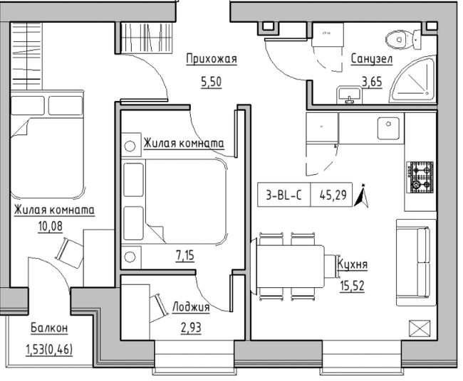 2-комнатная 45.29 м² в ЖК KEKS от 20 700 грн/м², пгт Авангард