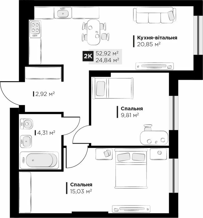 2-кімнатна 52.92 м² в ЖК PERFECT LIFE від 23 550 грн/м², м. Винники