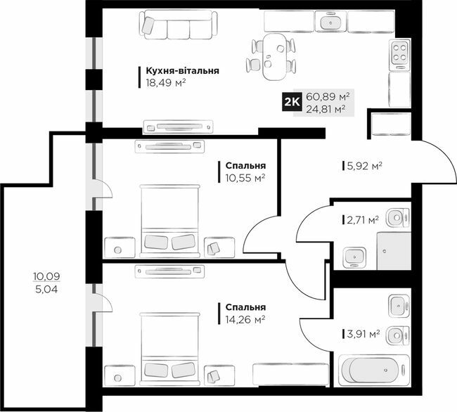 2-комнатная 60.89 м² в ЖК PERFECT LIFE от 23 550 грн/м², г. Винники