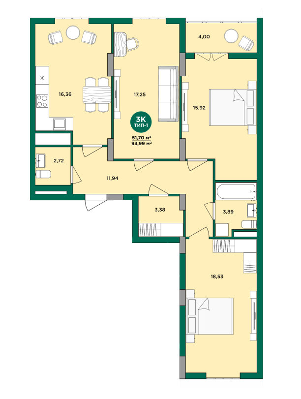 3-кімнатна 93.99 м² в ЖК Wellspring від 25 200 грн/м², м. Вишневе