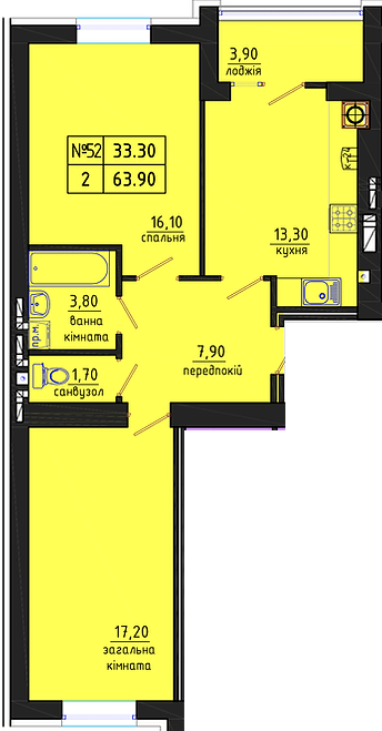 2-комнатная 63.9 м² в ЖК Gloria от 19 500 грн/м², Житомир