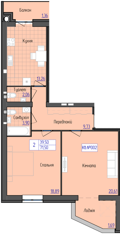 2-кімнатна 71.5 м² в ЖК 9 Район від 16 800 грн/м², м. Мукачеве