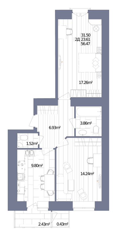 2-комнатная 56.47 м² в ЖК Oliva от 19 000 грн/м², г. Горишние Плавни