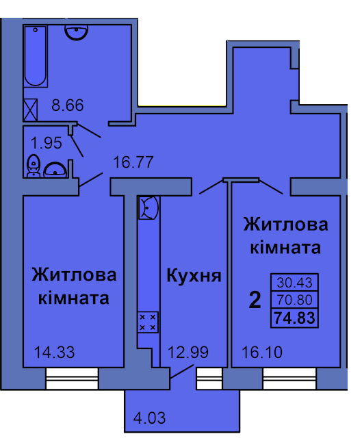 2-кімнатна 74.83 м² в ЖК City Park від 24 000 грн/м², Полтава