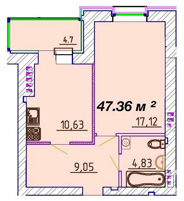 1-кімнатна 47.36 м² в ЖК Графський від 19 500 грн/м², Черкаси