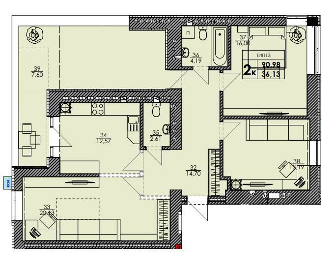 2-комнатная 90.98 м² в ЖК Park Residence от 23 400 грн/м², с. Софиевская Борщаговка