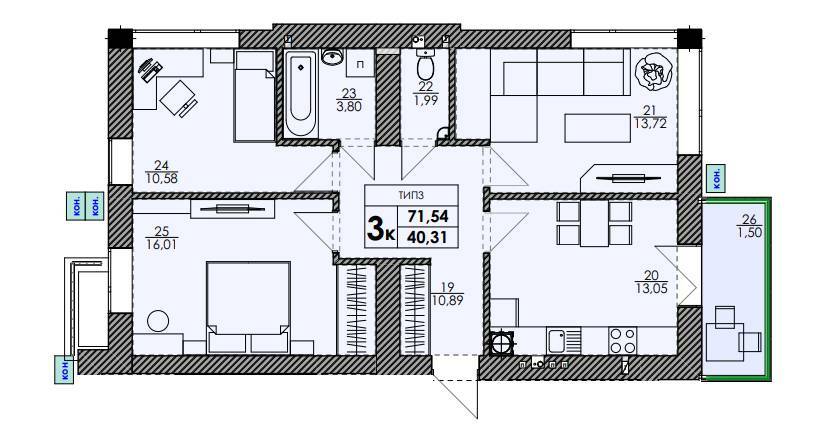 3-комнатная 71.54 м² в ЖК Park Residence от 23 200 грн/м², с. Софиевская Борщаговка