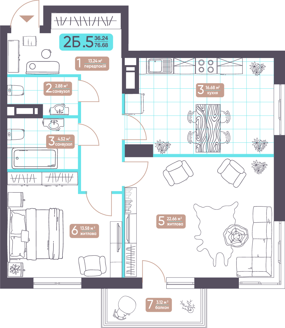 2-кімнатна 76.68 м² в ЖК Теремки від 32 085 грн/м², Київ