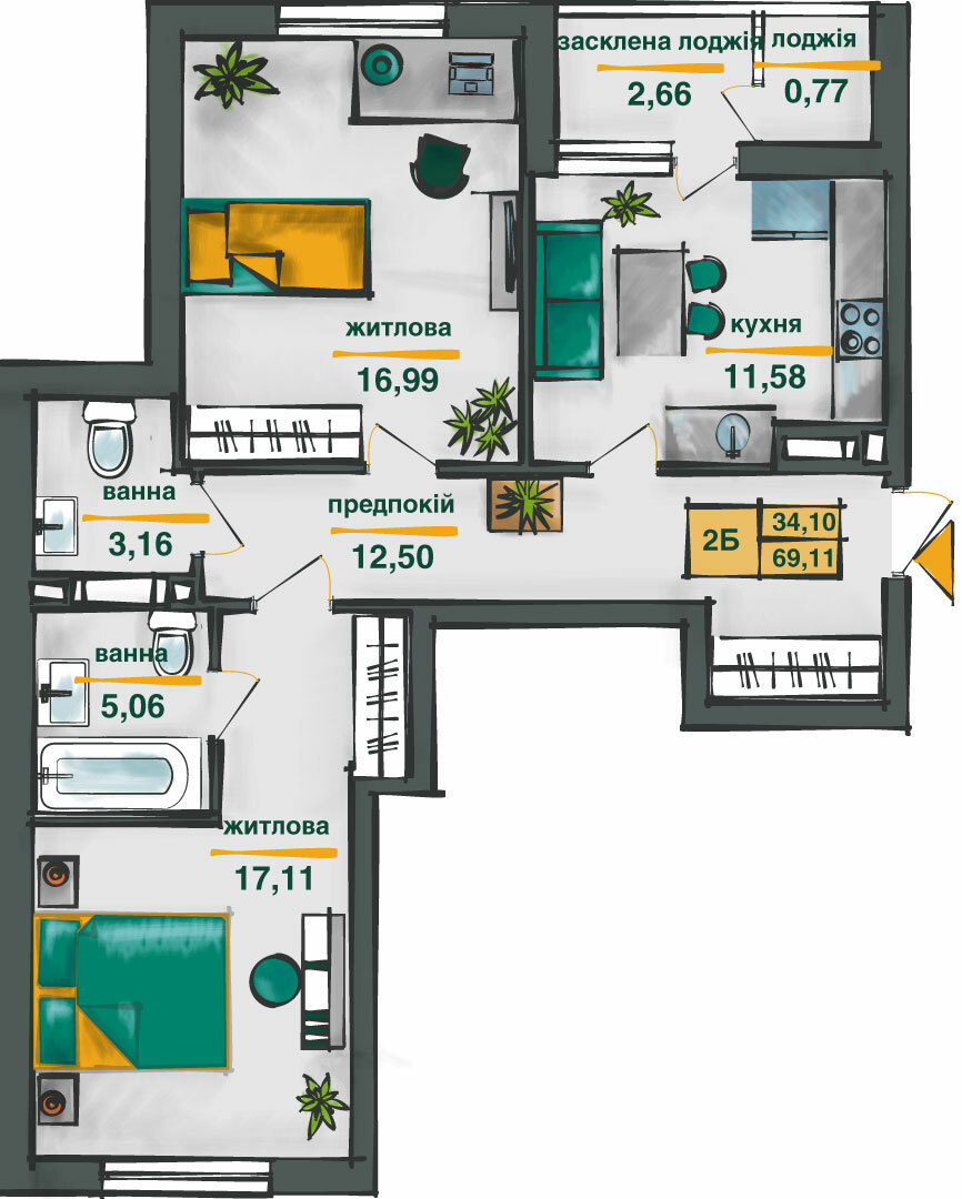 2-кімнатна 69.11 м² в ЖК Сирецькі сади від 32 364 грн/м², Київ