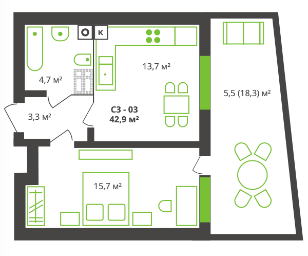 1-комнатная 42.9 м² в ЖК на ул. Франко, 21 от 21 850 грн/м², г. Борисполь