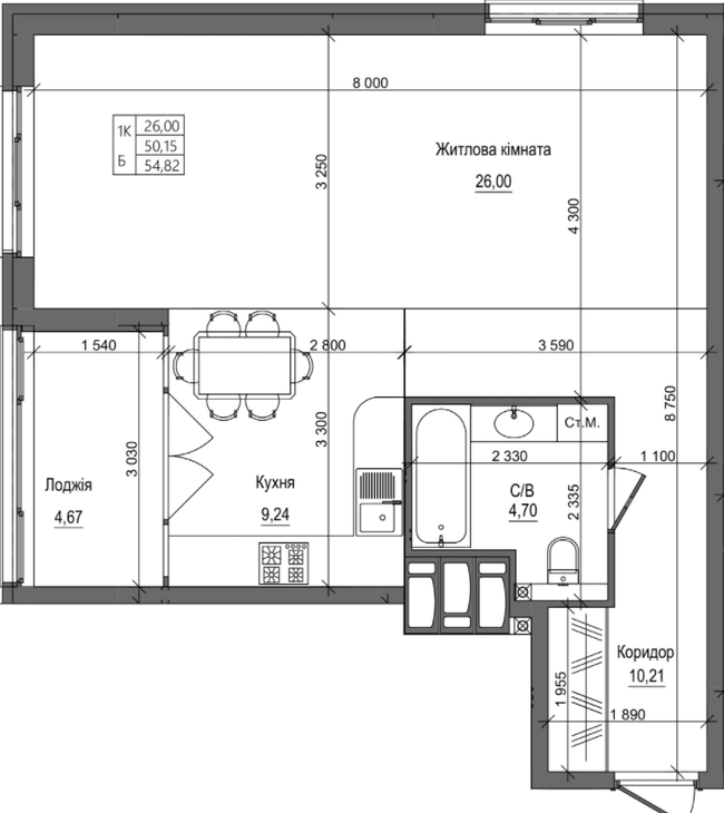 1-кімнатна 54.82 м² в ЖК на вул. Петлюри, 28 від 23 500 грн/м², м. Бровари