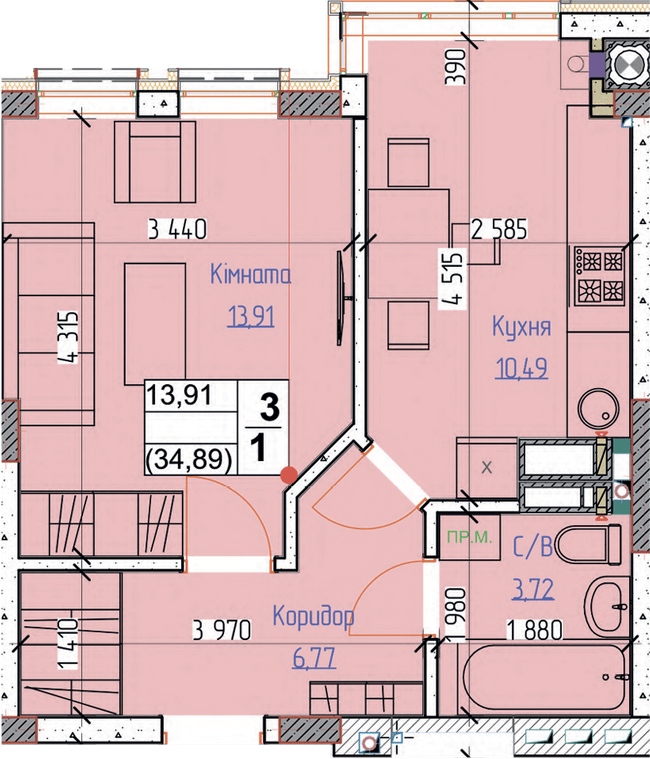 1-комнатная 34.89 м² в ЖК Пионерский квартал от 26 000 грн/м², г. Вишневое