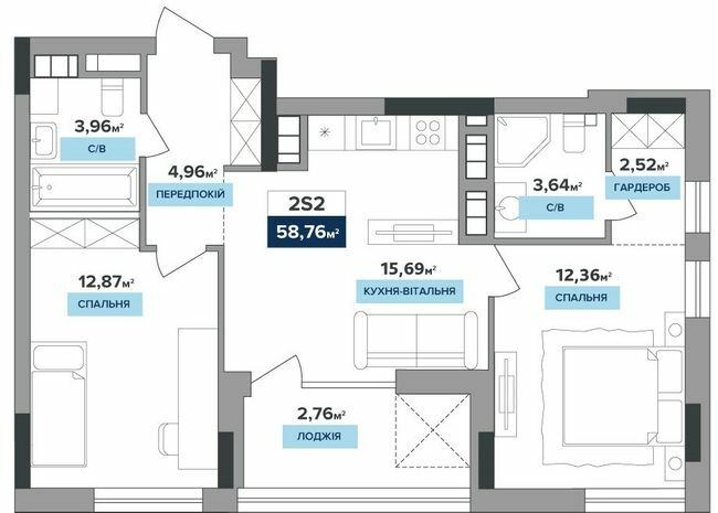 2-кімнатна 58.76 м² в ЖК RIVERDALE від 49 800 грн/м², Київ