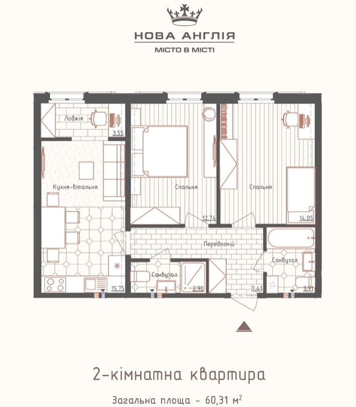 2-кімнатна 60.3 м² в ЖК Нова Англія від 58 400 грн/м², Київ