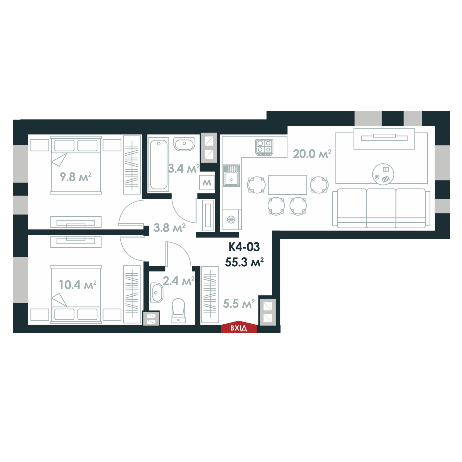 2-комнатная 55.3 м² в ЖК Atria City.Teremky от 29 200 грн/м², пгт Чабаны